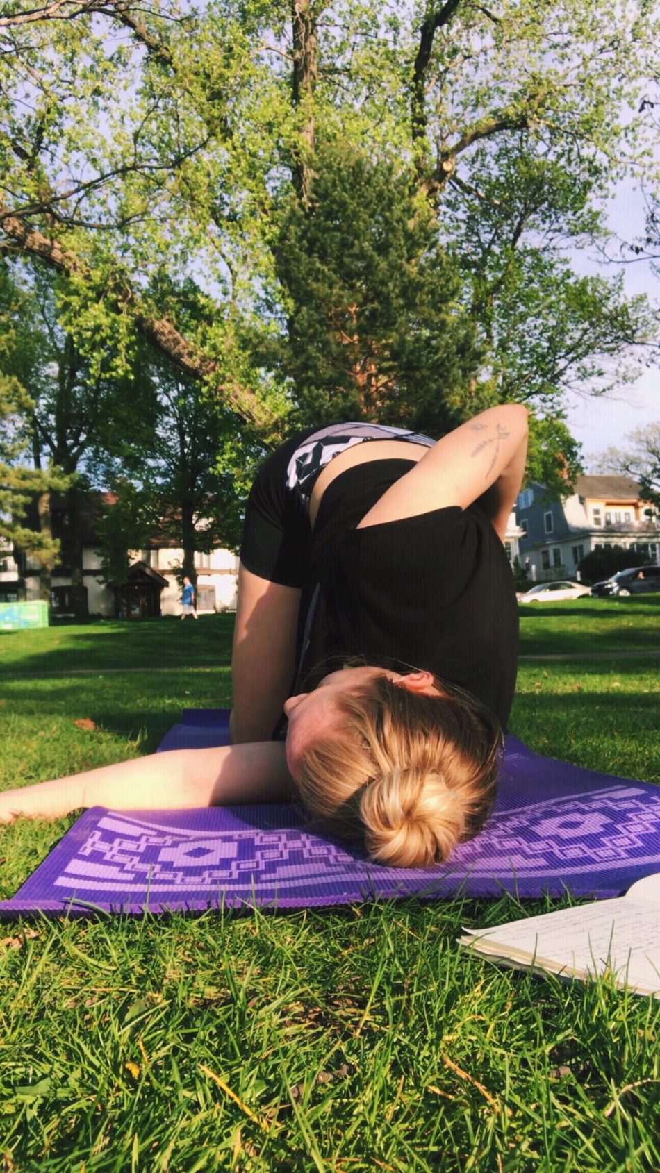 Yoga pose for chest opening: thread the needle