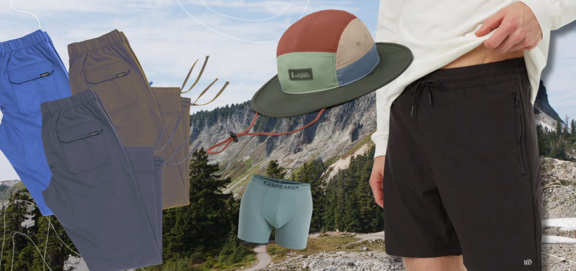 Header image for a blog about eco-friendly men's workout clothes. The background features a rugged mountain scene with images of hiking pants, a bucket hat, underwear and drawstring shorts.