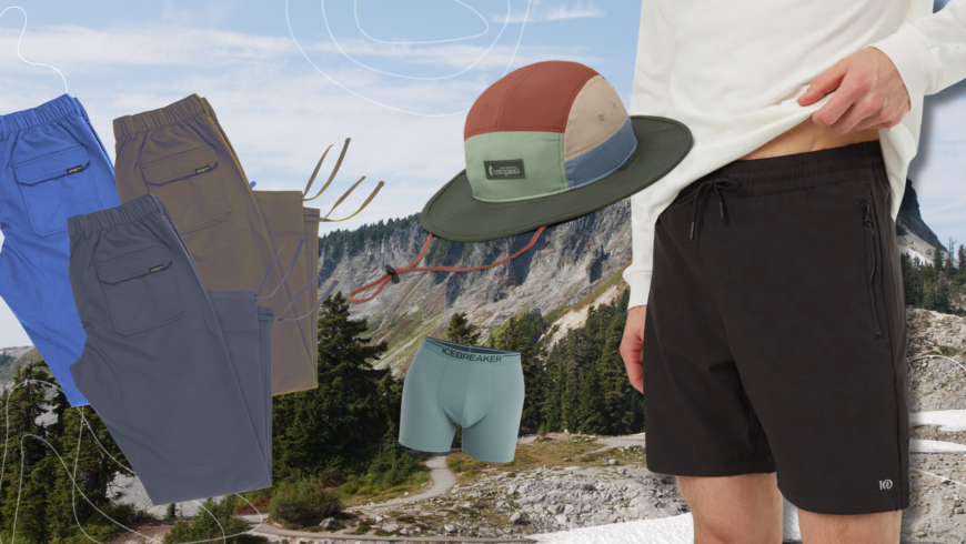 Header image for a blog about eco-friendly men's workout clothes. The background features a rugged mountain scene with images of hiking pants, a bucket hat, underwear and drawstring shorts.